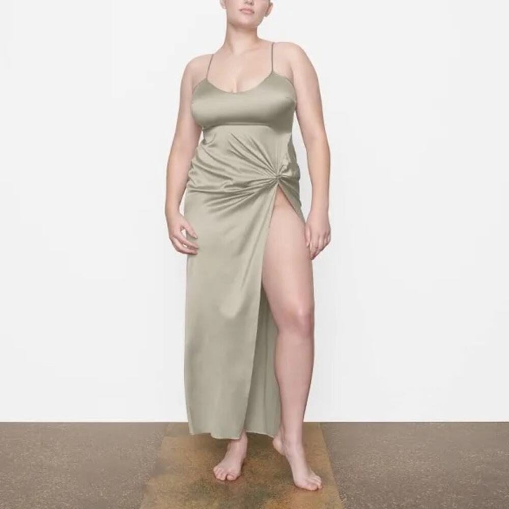 SKIMS Talc Satin Midi Dress with Side Knot and High Slit
